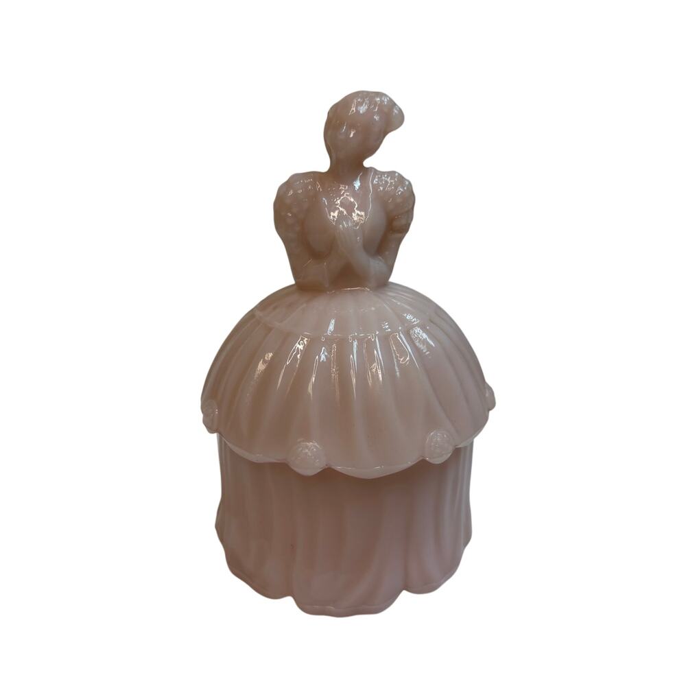 Akro Agate Colonial Lady Belle Pink Powder Jar 1930s Slag Glass Coquette